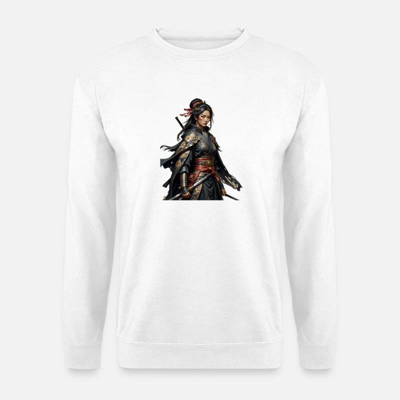 Schwarze Samuraiin mit Goldmustern - Unisex Pullover - Weiß