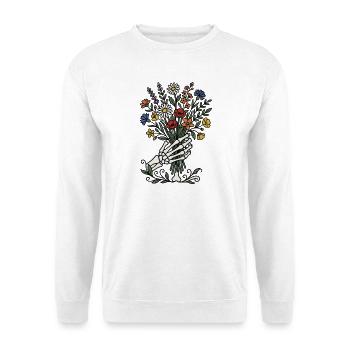 Skeletthand hält Wildblumenstrauß - Unisex Pullover - Weiß - Vorne - Alina (178cm) & Michal (187cm)