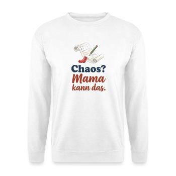 Chaos? Mama kann das. – Liste, Stift und Socke - Unisex Pullover - Weiß - Vorne - Alina (178cm) & Michal (187cm)