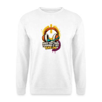 Headset Humor: Ein-Aus Spruch - Unisex Pullover - Weiß - Vorne - Alina (178cm) & Michal (187cm)