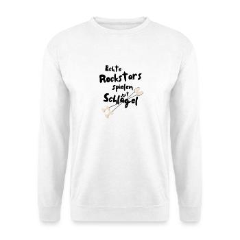 Echte Rockstars spielen mit Schlägel - Unisex Pullover - Weiß - Vorne - Alina (178cm) & Michal (187cm)