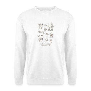 Ein Kaffee am Morgen – Lustiger Kaffee Spruch  - Unisex Pullover - Weiß - Vorne - Alina (178cm) & Michal (187cm)