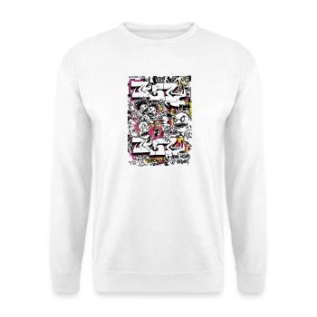 Neon-Graffiti auf urbaner Silhouette - Unisex Pullover - Weiß - Vorne - Alina (178cm) & Michal (187cm)