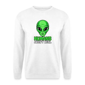 Alien Head: Menschen sind nicht real - Unisex Pullover - Weiß - Vorne - Alina (178cm) & Michal (187cm)