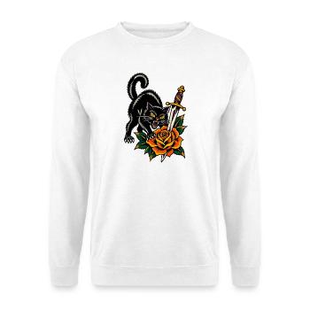 Schwarze Katze mit Dolch und Rose – Tattoo - Unisex Pullover - Weiß - Vorne - Alina (178cm) & Michal (187cm)
