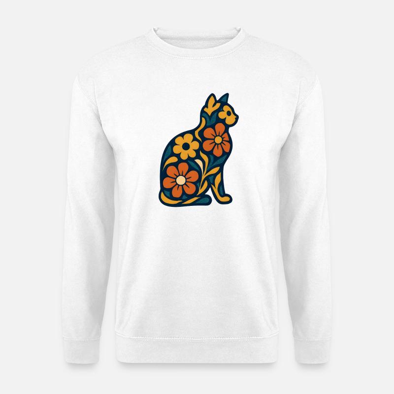 Folkblütenkatze im Blumenmuster - Unisex Pullover - Weiß