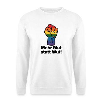 MEHR MUT STATT WUT BUNTER REGENBOGEN, NIE WIEDER - Unisex Pullover - Weiß - Vorne - Alina (178cm) & Michal (187cm)
