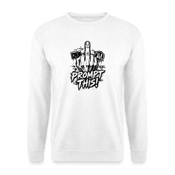 Ironie: Prompt – Anti-KI-Chat – Mittelfinger - Unisex Pullover - Weiß - Vorne - Alina (178cm) & Michal (187cm)