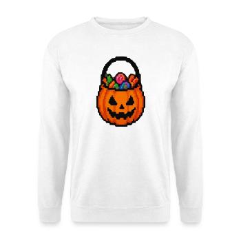 Halloween Kürbis mit Blumenkorb - Unisex Pullover - Weiß - Vorne - Alina (178cm) & Michal (187cm)