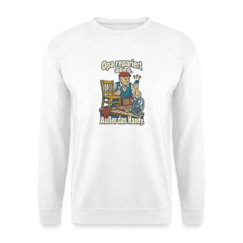 Opa repariert alles außer Handy - Unisex Pullover - Weiß - Vorne - Alina (178cm) & Michal (187cm)