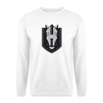 Ritterhelm Wappen Schild – Grafik - Unisex Pullover - Weiß - Vorne - Alina (178cm) & Michal (187cm)