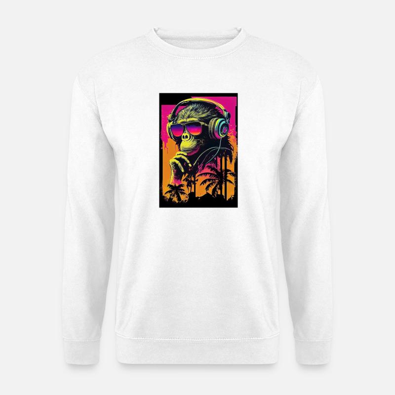 Synthwave Retro Affe mit Sonnenbrille und Musik - Unisex Pullover - Weiß
