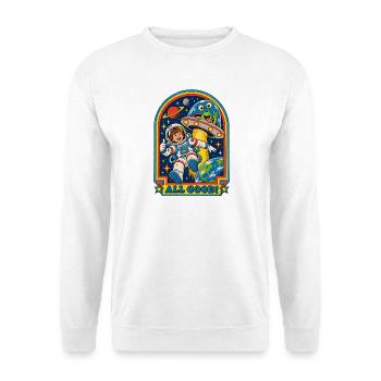 All Good! Raumabenteuer Retro-Stil - Unisex Pullover - Weiß - Vorne - Alina (178cm) & Michal (187cm)