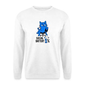 Geek-Humor-Chat "Social Battery 1%" - Unisex Pullover - Weiß - Vorne - Alina (178cm) & Michal (187cm)
