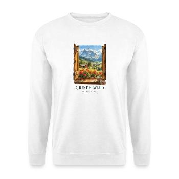 Fensteransicht der Schweizer Alpen Grindelwald - Unisex Pullover - Weiß - Vorne - Alina (178cm) & Michal (187cm)