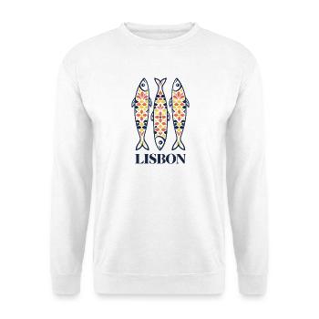 Lissabon, Portugal Sardinen, bunte Volkskunst - Unisex Pullover - Weiß - Vorne - Alina (178cm) & Michal (187cm)