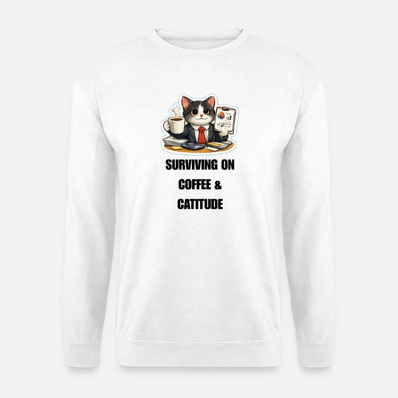Bürokatze im Anzug: Kaffee-Survival - Unisex Pullover - Weiß