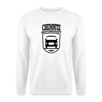Barkas B1000 Motorkraft Chemnitz Wappen v1.2 - Unisex Pullover - Weiß - Vorne - Alina (178cm) & Michal (187cm)