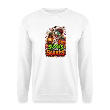 Süsses oder Saures Monster Halloween - Unisex Pullover - Weiß - Vorne - Alina (178cm) & Michal (187cm)