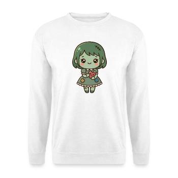 Süßes Kawaii-Zombie-Mädchen hält ein gesticktes Herz - Unisex Pullover - Weiß - Vorne - Alina (178cm) & Michal (187cm)