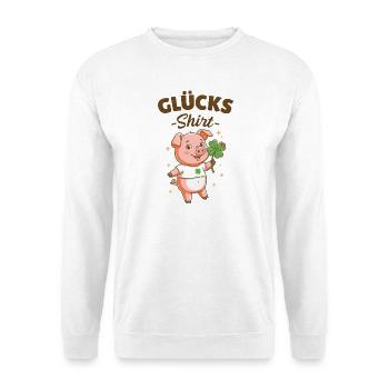 Glücksshirt Glücksschwein Kleeblatt Glücksbringer  - Unisex Pullover - Weiß - Vorne - Alina (178cm) & Michal (187cm)