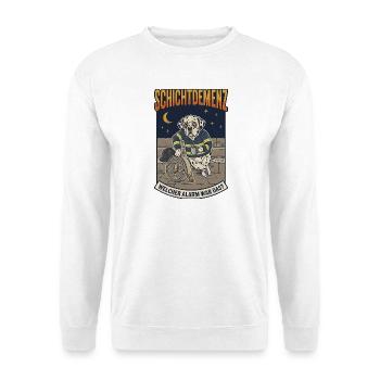 Schichtdemenz Feuerwehr – Welcher Alarm war das? - Unisex Pullover - Weiß - Vorne - Alina (178cm) & Michal (187cm)