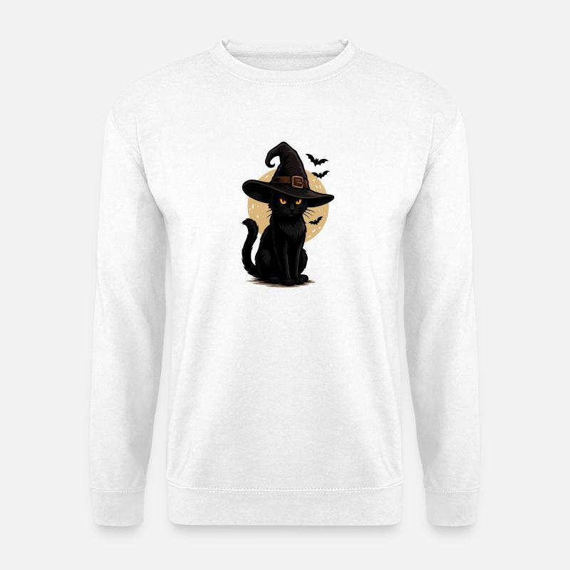 Schwarze Katze im Hexenhut Mondnacht - Unisex Pullover - Weiß