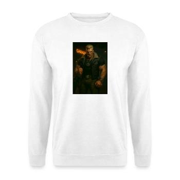 Mechanischer Biker – Blonder Krieger mit Feuerblick - Unisex Pullover - Weiß - Vorne