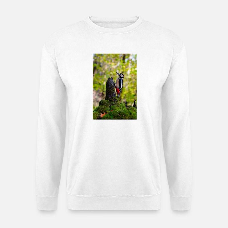 Specht auf moosigem Baumstamm - Unisex Pullover - Weiß