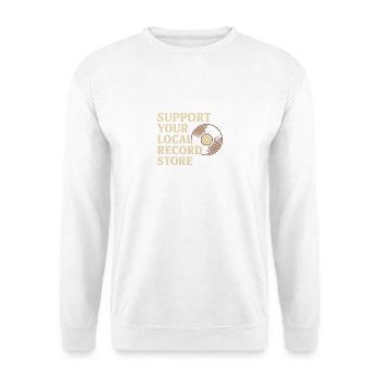 Unterstützen Sie das Vinyl-T-Shirt des lokalen Plattenladens - Unisex Pullover - Weiß - Vorne - Alina (178cm) & Michal (187cm)