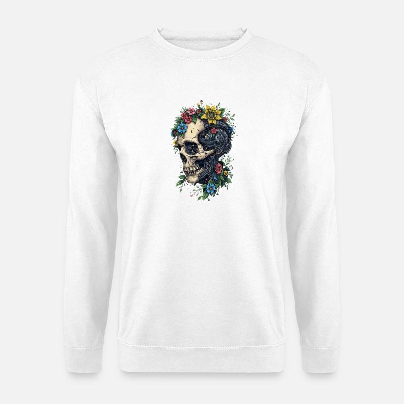 Floral skull and steampunk machine - Unisex Sweatshirt - white