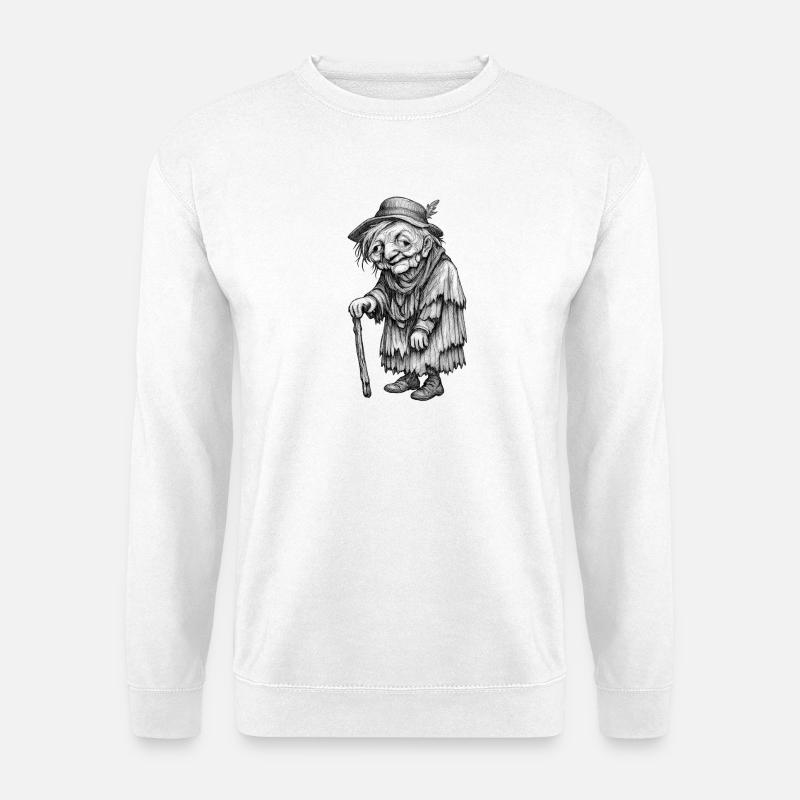 Alte Wanderin mit Stab | Omas Lumpen - Unisex Pullover - Weiß