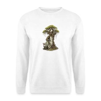 Treehouse poem: Old man squats in front of tree - Unisex Sweatshirt - white - Front