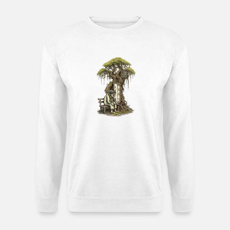 Baumhausgedicht: Greis hockt vor Baum - Unisex Pullover - Weiß