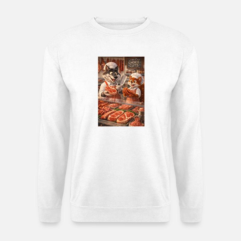 Herr Wolf und Herr Eichhörnchen in einer Metzgerei - Unisex Pullover - Weiß