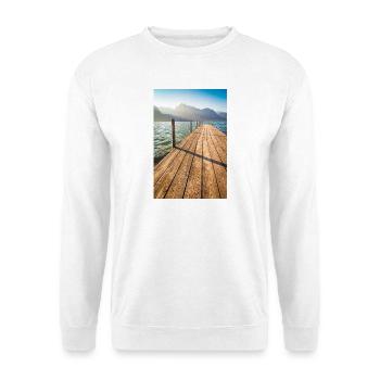Holzsteg am Bergsee im Sonnenlicht - Unisex Pullover - Weiß - Vorne