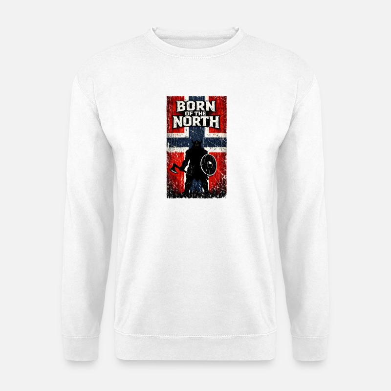 Geboren im Norden – Wikingerkrieger-Norwegen-Flagge - Unisex Pullover - Weiß
