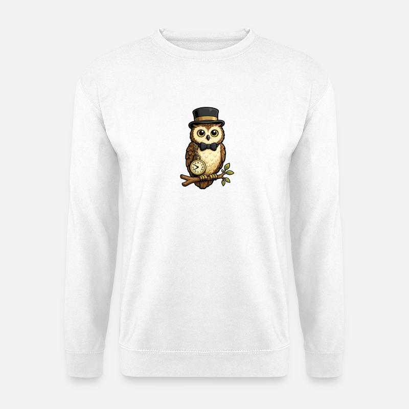 Eulen Gentleman mit Uhr und Hut - Unisex Pullover - Weiß