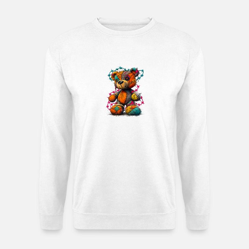 Patchwork Teddybär mit Neonfäden - Unisex Pullover - Weiß