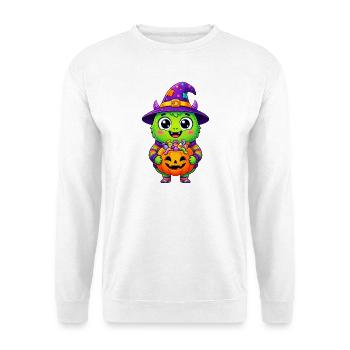 Candy Creature Witch mit Kürbis - Unisex Pullover - Weiß - Vorne - Alina (178cm) & Michal (187cm)