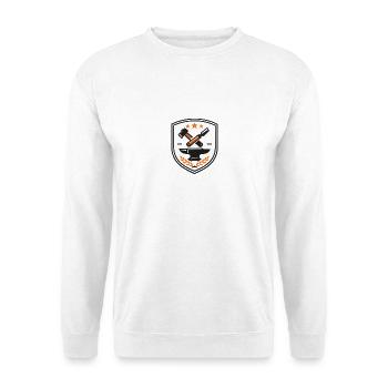 Schmiedekunst Schild: Hammer & Meißel - Unisex Pullover - Weiß - Vorne - Alina (178cm) & Michal (187cm)