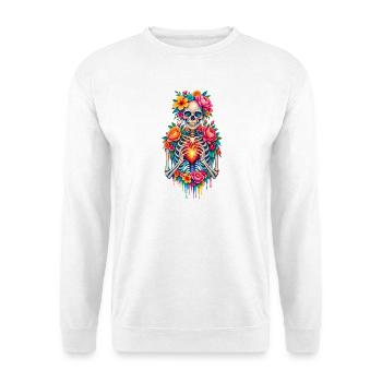 Blüten-Skull Herzfeuer - Unisex Pullover - Weiß - Vorne - Alina (178cm) & Michal (187cm)