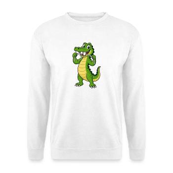 Grinsende Krokodil benutzt seine scharfen Zähne mit Zahnseide - Unisex Pullover - Weiß - Vorne - Alina (178cm) & Michal (187cm)