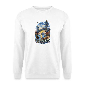 Wilhelmshaven Hafenbrücke Motiv - Unisex Pullover - Weiß - Vorne - Alina (178cm) & Michal (187cm)