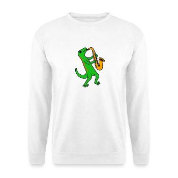 Saxophon-Dino Groove - Unisex Pullover - Weiß - Vorne - Alina (178cm) & Michal (187cm)