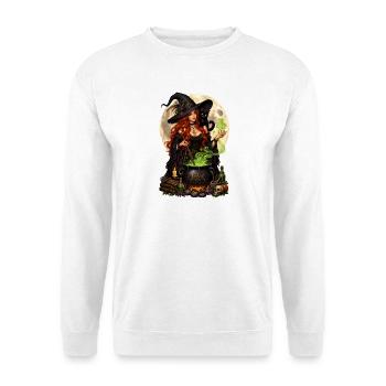 Hexe mit schwarzer Katze – Magie bei Vollmond - Unisex Pullover - Weiß - Vorne - Alina (178cm) & Michal (187cm)