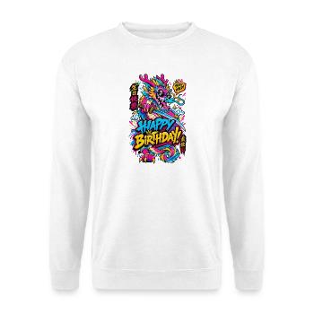 Neon Drache Birthday Design mit Schwert - Unisex Pullover - Weiß - Vorne - Alina (178cm) & Michal (187cm)