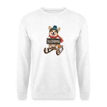 Corgi Sledding – Hund auf dem Schlitten - Unisex Pullover - Weiß - Vorne - Alina (178cm) & Michal (187cm)