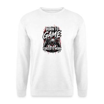 BORN TO GAME – FORCED TO WORK | RAGE//RESPAWN - Unisex Pullover - Weiß - Vorne - Alina (178cm) & Michal (187cm)