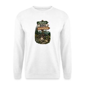 Trail Berge Kaffeepause – MTB Spruch - Unisex Pullover - Weiß - Vorne - Alina (178cm) & Michal (187cm)